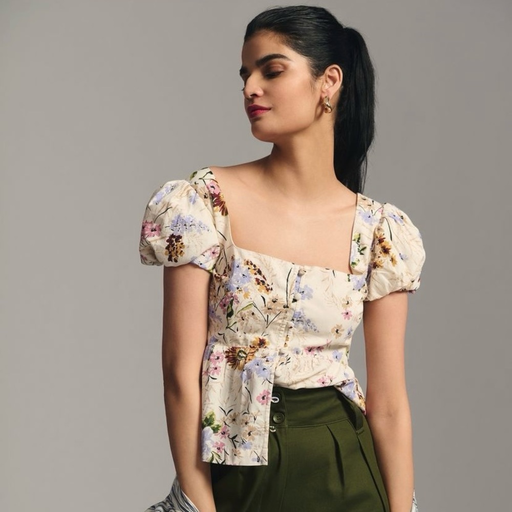 Like New, Anthropolgie Floral Puff Sleeve Peplum Blouse - Size Medium